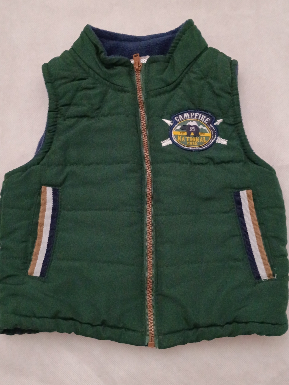 Green Quilted Kids Vest with Campfire Patch - Sleeveless Zip Front